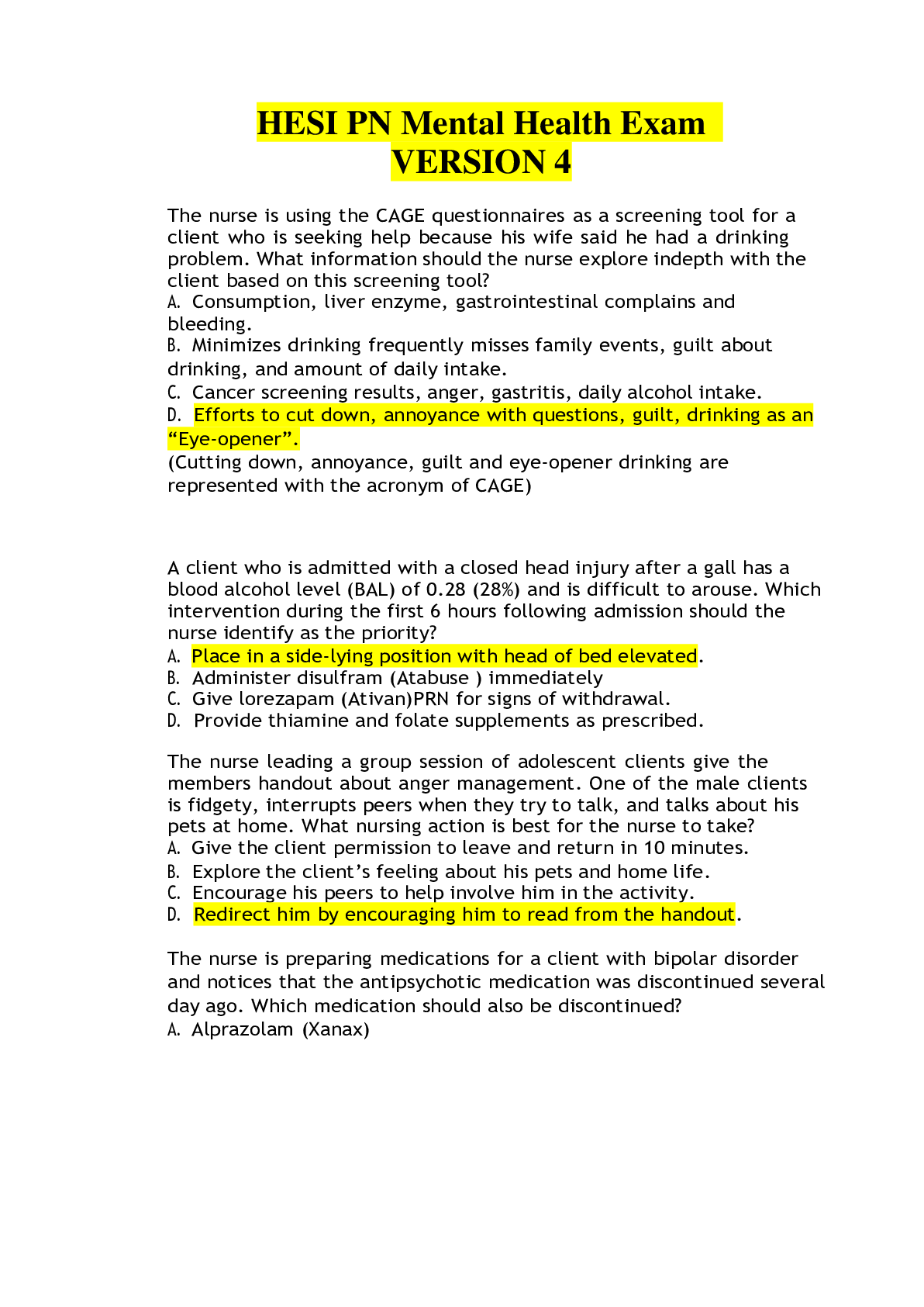 Latest 20222023 HESI PN Mental Health Exam Version 4 Questions
